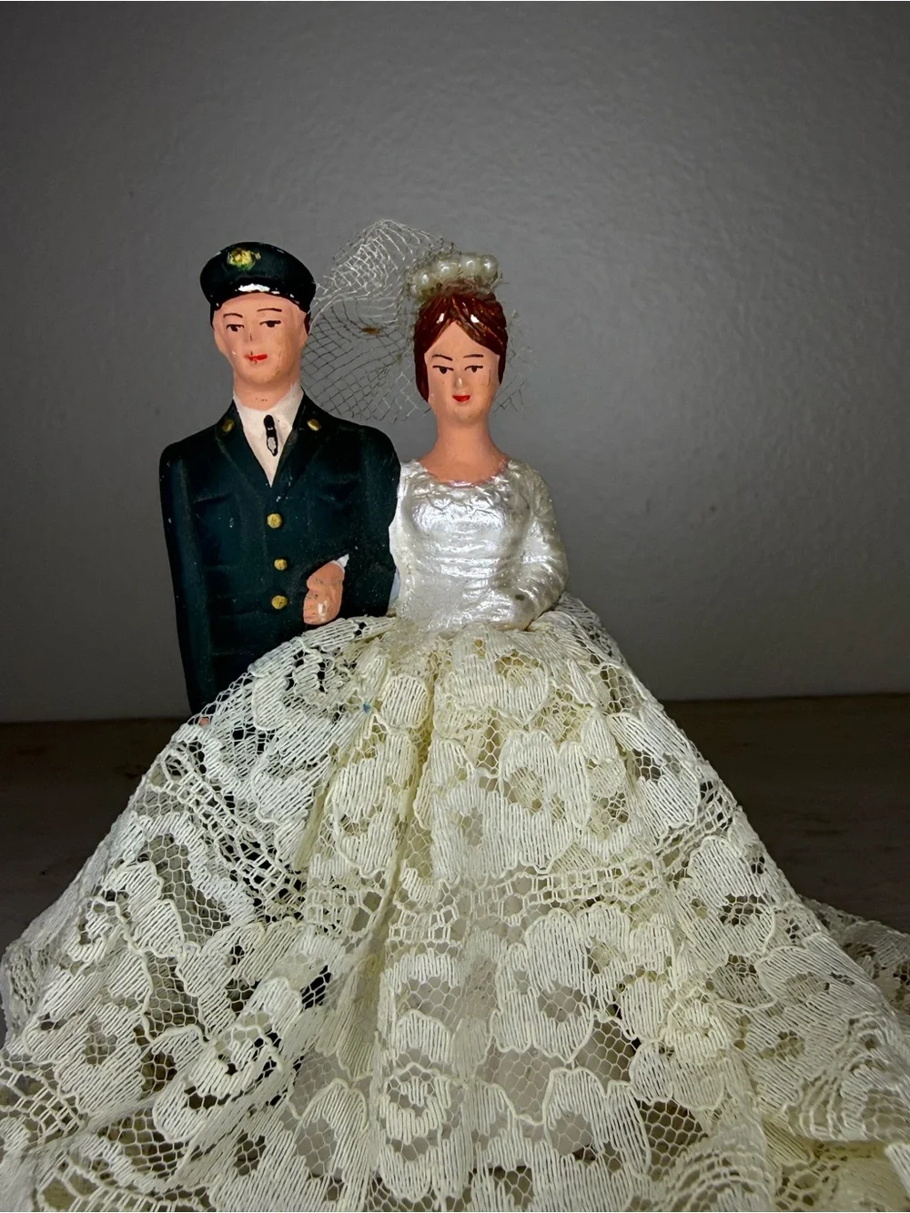 Vintage Military Army Chalkware Bride & Groom Cake Topper Featuring Lace Dress